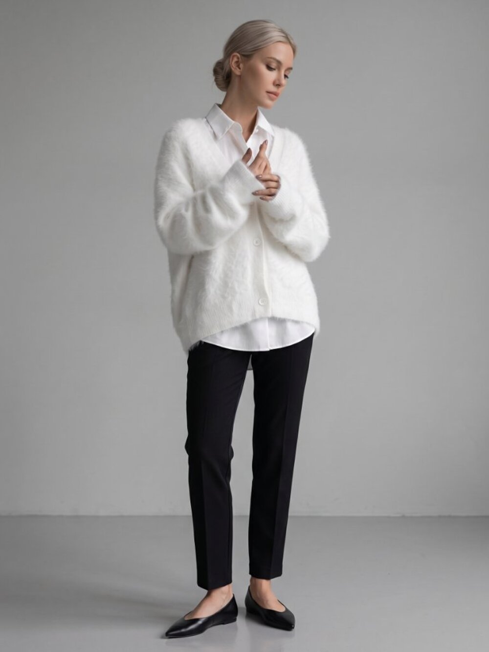 Women's White Fuzzy Knit Cardigan Oversized Drop Shoulder Button Front Sweater - Picture 4 of 4